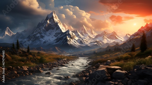 Mountain landscape with a river at sunset. Panoramic view