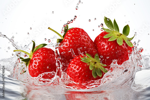 Strawberries in water. Strawberry. Water splash fruits. Children s educational images. Fruit images. 4K high-resolution images. white background. Fresh fruits. Healthy food.