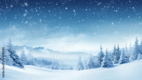 Snowy winter panorama with glistening fir branches and delicate snowflakes in a cold color palette
