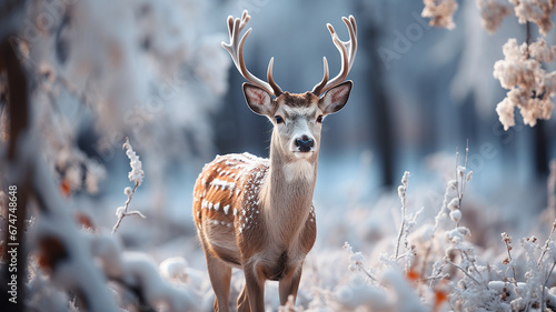 White-tailed deer in winter forest. Beautiful animal in nature. photo