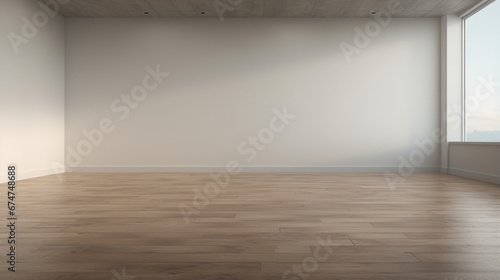 Empty modern interior with light walls and hardwood floor. Copy space. Generative AI