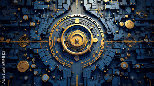 4K technological wallpaper. Abstract clockwork. Gold and Blue abstract wallpaper. 16:9 widescreen wallpaper. security walt. Mechanical machine. Gear work.