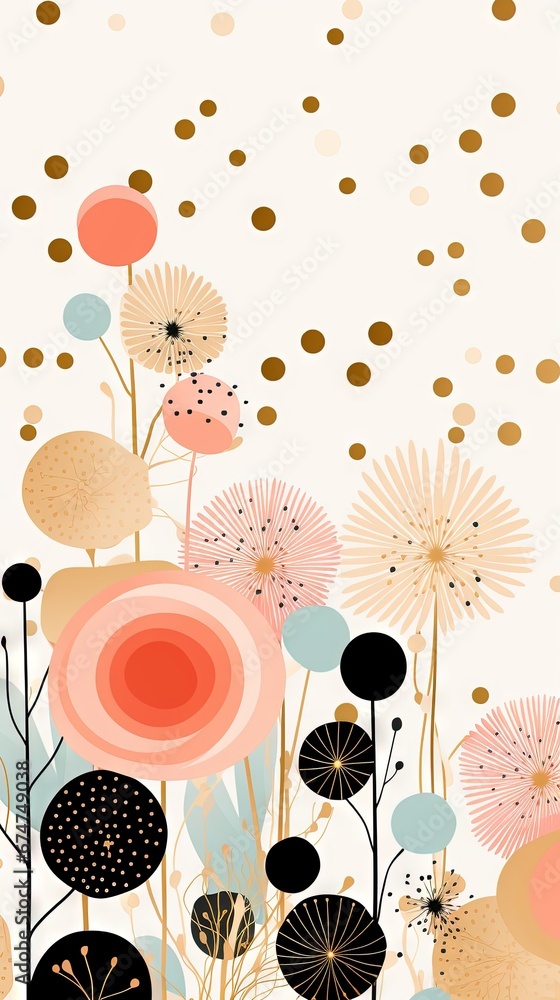 Pois abstraits, tampons et superpositions numériques floraux, or rose, palette de couleurs audacieuses, emblématique, géométrique. Idéal comme arrière-plan ou fond d'écran. IA générative, IA