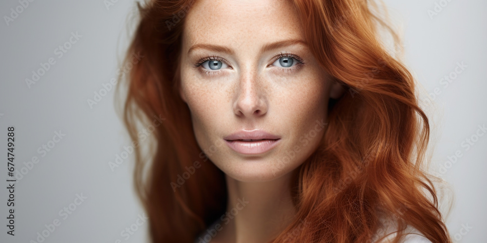 Fototapeta premium Closeup of happy attractive older woman with long wavy red hair and freckles wears stylish t shirt looks happy and smiling isolated over white background