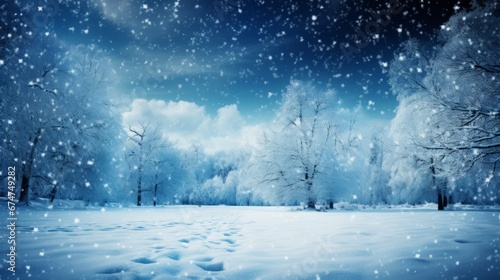 Enchanting winter panorama with snowy fir branches and delicate snowfall in cold colors © Ilja