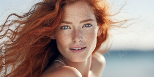 Closeup of happy attractive older woman with long wavy red hair and freckles wears stylish t shirt looks happy and smiling isolated over white background