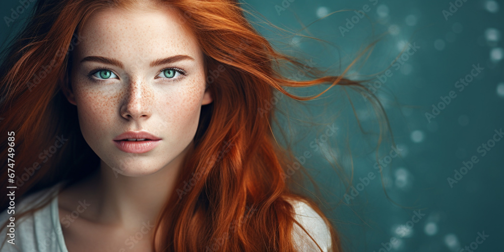 Naklejka premium Closeup of happy attractive young woman with long wavy red hair and freckles wears stylish t shirt looks happy and smiling isolated over teal turquoise blue green background