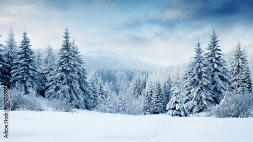 Winter wonderland panorama with snow covered fir branches and delicate snowfall in cold colors