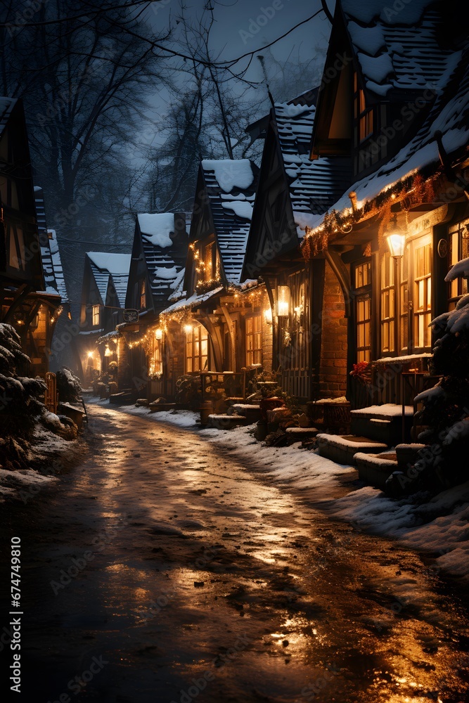 Night view of the old town in winter, Poland. Long exposure