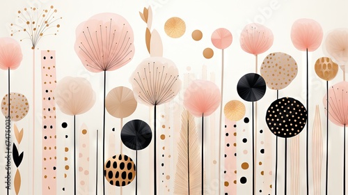 Pois abstraits, tampons et superpositions numériques floraux, or rose, palette de couleurs audacieuses, emblématique, géométrique. Idéal comme arrière-plan ou fond d'écran. IA générative, IA