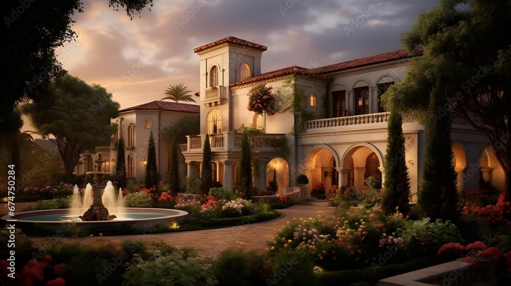 Luxury villa in the garden with a fountain at sunset
