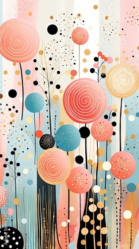 Pois abstraits, tampons et superpositions numériques floraux, or rose, palette de couleurs audacieuses, emblématique, géométrique. Idéal comme arrière-plan ou fond d'écran. IA générative, IA