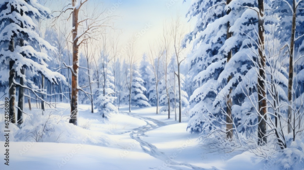 A painting of a snowy path through a forest