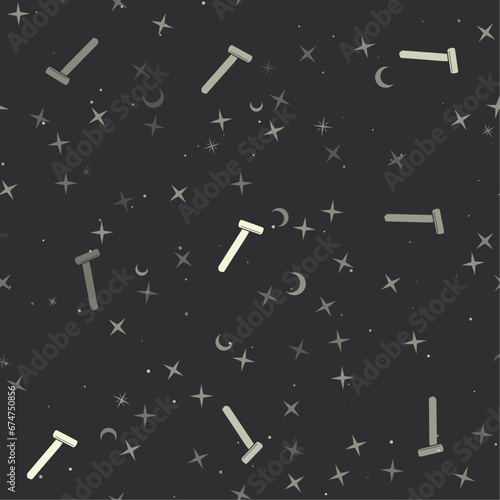 Seamless pattern with stars, mens razor symbols on black background. Night sky. Vector illustration on black background