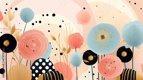 Pois abstraits, tampons et superpositions numériques floraux, or rose, palette de couleurs audacieuses, emblématique, géométrique. Idéal comme arrière-plan ou fond d'écran. IA générative, IA