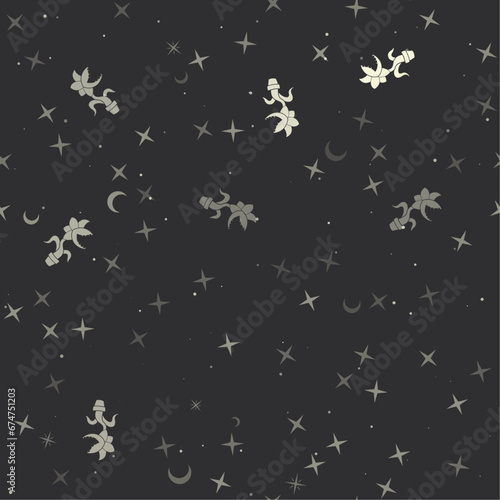 Seamless pattern with stars, carnivorous plant symbols on black background. Night sky. Vector illustration on black background