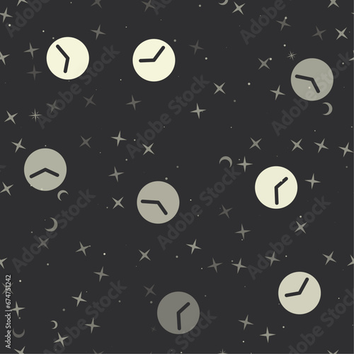 Seamless pattern with stars, time symbols on black background. Night sky. Vector illustration on black background