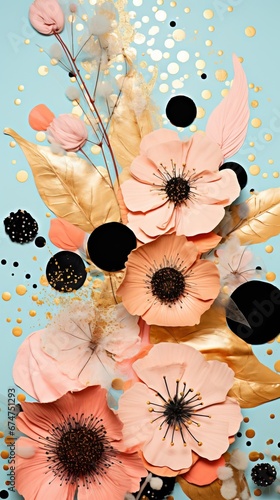 Pois abstraits, tampons et superpositions numériques floraux, or rose, palette de couleurs audacieuses, emblématique, géométrique. Idéal comme arrière-plan ou fond d'écran. IA générative, IA