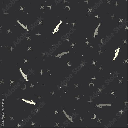 Seamless pattern with stars, sexy witch symbols on black background. Night sky. Vector illustration on black background