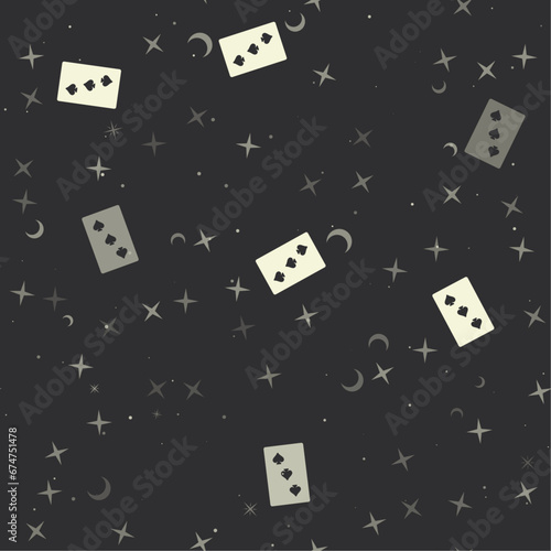 Seamless pattern with stars, Three of Spades playing cards on black background. Night sky. Vector illustration on black background