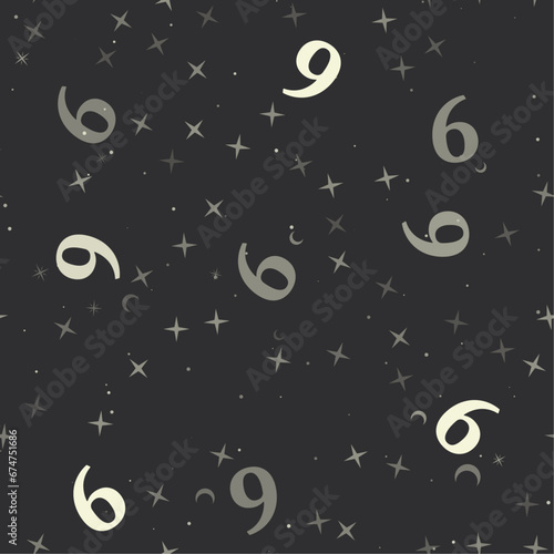 Seamless pattern with stars, number nine symbols on black background. Night sky. Vector illustration on black background