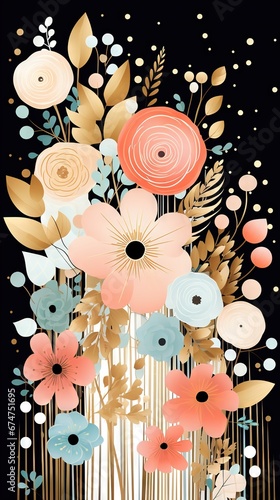 Pois abstraits, tampons et superpositions numériques floraux, or rose, palette de couleurs audacieuses, emblématique, géométrique. Idéal comme arrière-plan ou fond d'écran. IA générative, IA