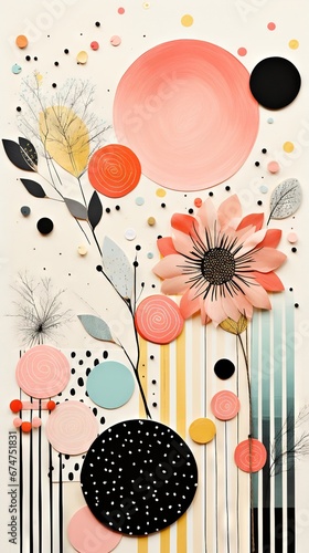 Pois abstraits, tampons et superpositions numériques floraux, or rose, palette de couleurs audacieuses, emblématique, géométrique. Idéal comme arrière-plan ou fond d'écran. IA générative, IA