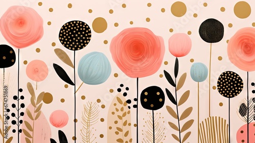 Pois abstraits, tampons et superpositions numériques floraux, or rose, palette de couleurs audacieuses, emblématique, géométrique. Idéal comme arrière-plan ou fond d'écran. IA générative, IA