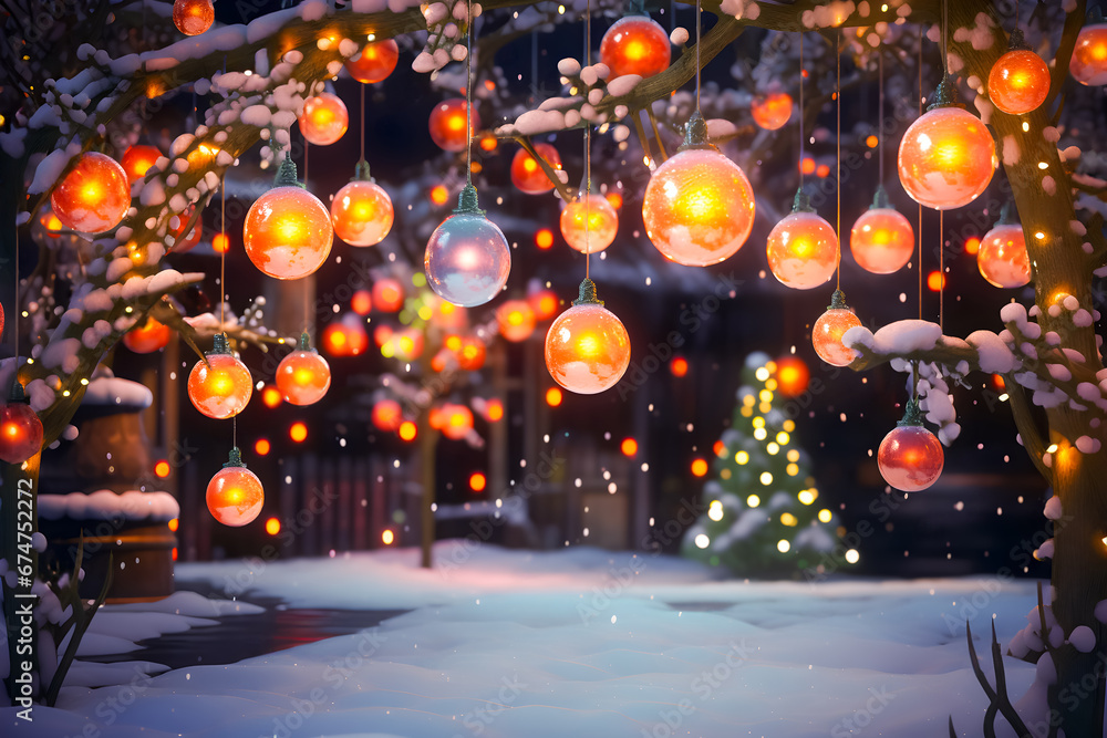 Ornaments shine in the light of snow Illumination-Generative AI Ornaments shine in the light of snow Illumination-Generative AI
