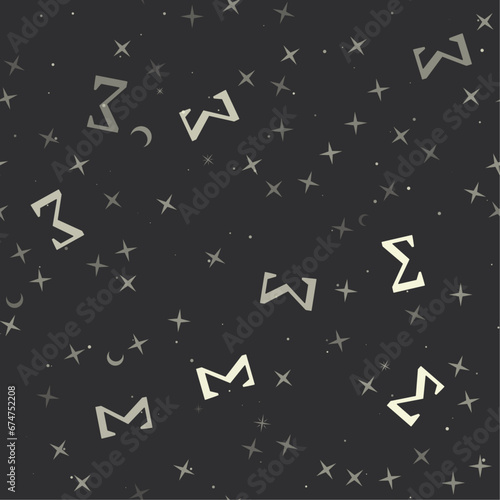 Seamless pattern with stars, sigma symbols on black background. Night sky. Vector illustration on black background
