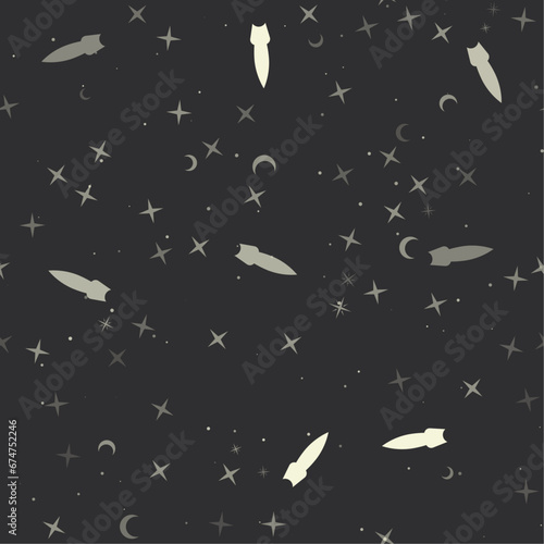 Seamless pattern with stars, falling rocket symbols on black background. Night sky. Vector illustration on black background