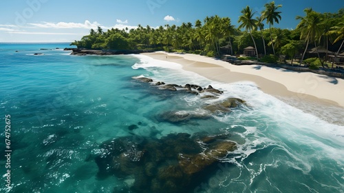 Panoramic view of a tropical beach with palm trees and rocks