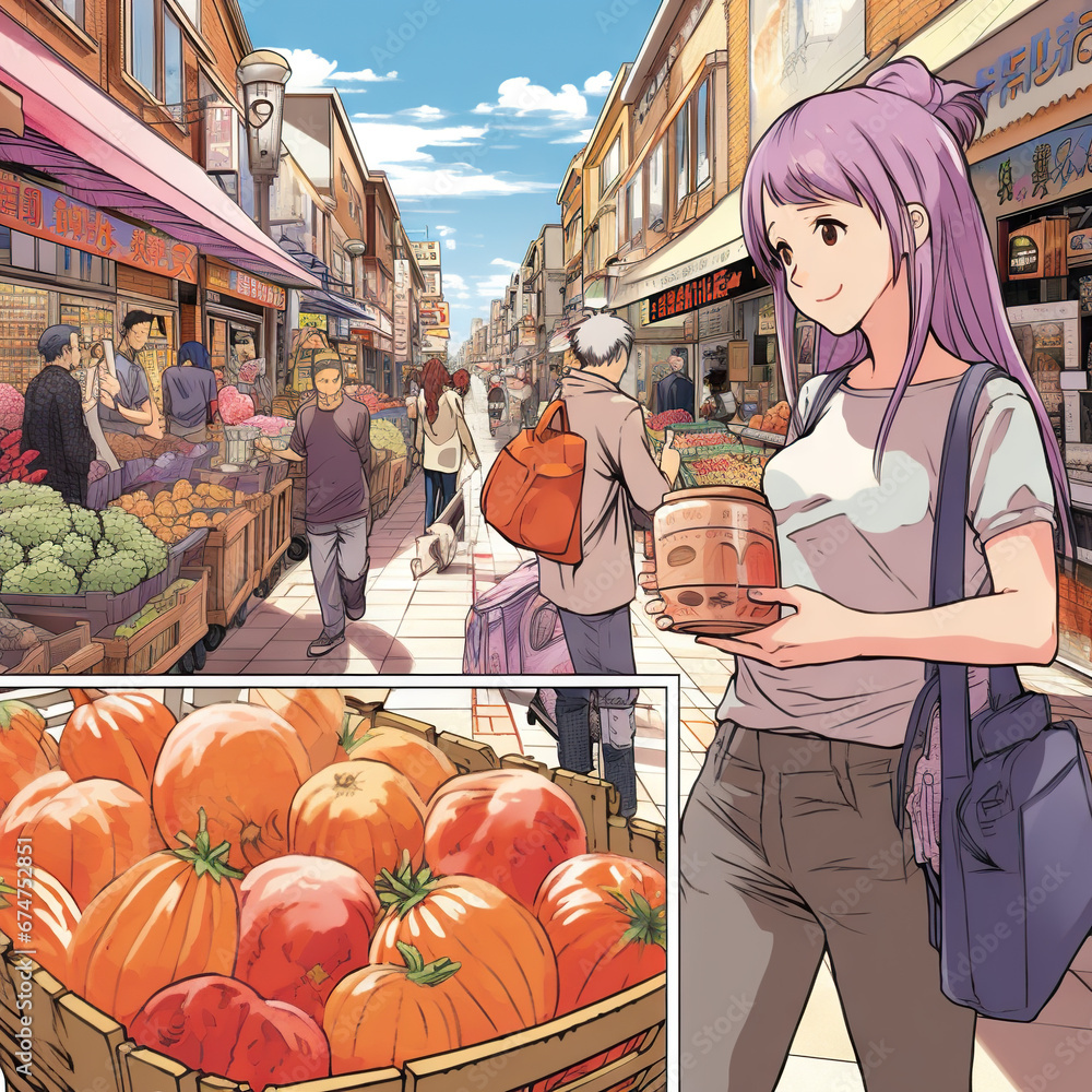 manga woman shopping in outside market pink
