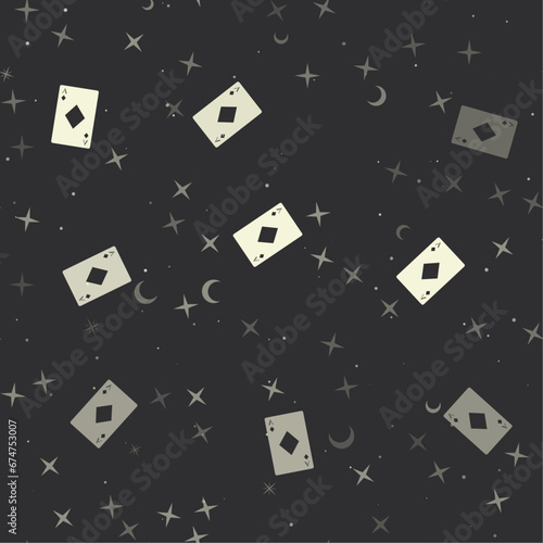 Seamless pattern with stars, ace of diamond cards on black background. Night sky. Vector illustration on black background