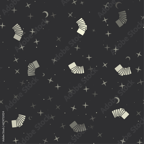 Seamless pattern with stars, playing cards symbols on black background. Night sky. Vector illustration on black background