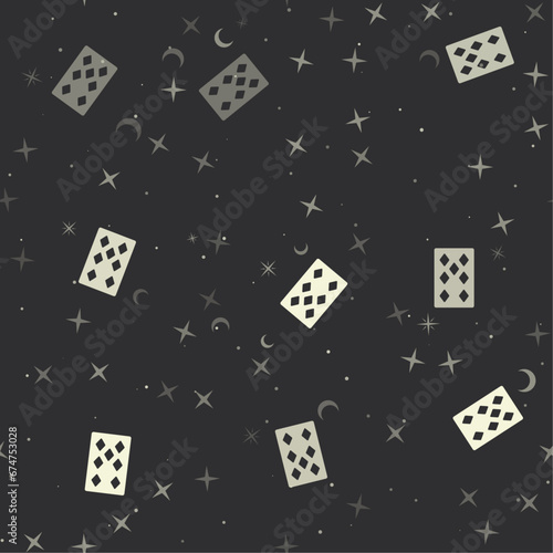 Seamless pattern with stars, seven of diamonds playing cards on black background. Night sky. Vector illustration on black background