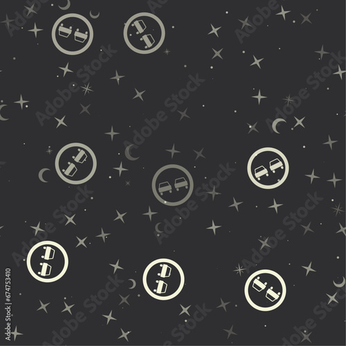 Seamless pattern with stars, no overtaking signs on black background. Night sky. Vector illustration on black background