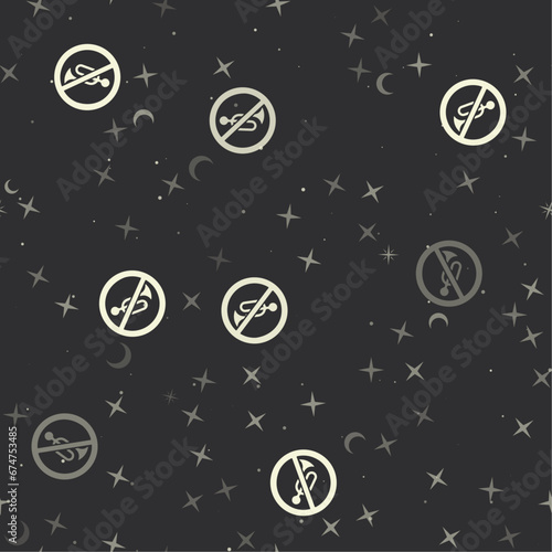 Seamless pattern with stars, horning prohibited signs on black background. Night sky. Vector illustration on black background