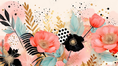 Pois abstraits, tampons et superpositions numériques floraux, or rose, palette de couleurs audacieuses, emblématique, géométrique. Idéal comme arrière-plan ou fond d'écran. IA générative, IA