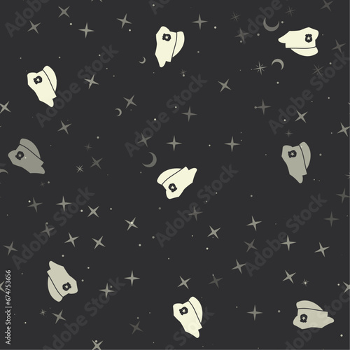 Seamless pattern with stars, police cap symbols on black background. Night sky. Vector illustration on black background