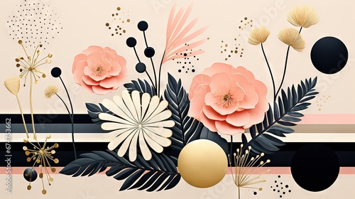 Pois abstraits, tampons et superpositions numériques floraux, or rose, palette de couleurs audacieuses, emblématique, géométrique. Idéal comme arrière-plan ou fond d'écran. IA générative, IA