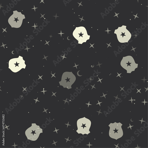 Seamless pattern with stars, police badge symbols on black background. Night sky. Vector illustration on black background