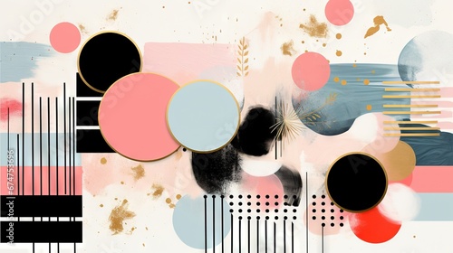 Pois abstraits, tampons et superpositions numériques floraux, or rose, palette de couleurs audacieuses, emblématique, géométrique. Idéal comme arrière-plan ou fond d'écran. IA générative, IA