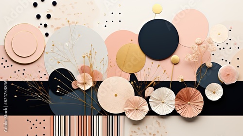 Pois abstraits, tampons et superpositions numériques floraux, or rose, palette de couleurs audacieuses, emblématique, géométrique. Idéal comme arrière-plan ou fond d'écran. IA générative, IA