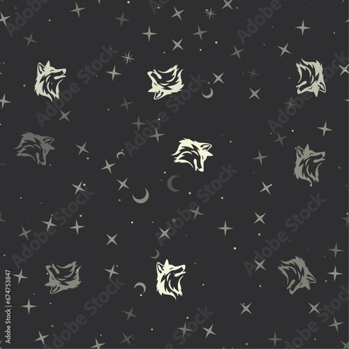 Seamless pattern with stars, wolf heads on black background. Night sky. Vector illustration on black background