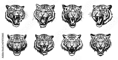 Roar tiger icons. Aggressive dangerous tigers heads black tattoo logo elements on white, danger wildcat vector faces