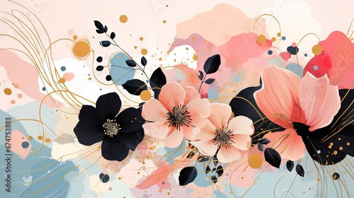 Pois abstraits, tampons et superpositions numériques floraux, or rose, palette de couleurs audacieuses, emblématique, géométrique. Idéal comme arrière-plan ou fond d'écran. IA générative, IA