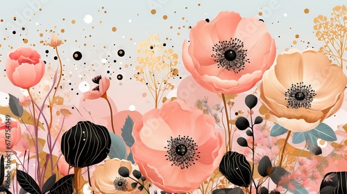 Pois abstraits, tampons et superpositions numériques floraux, or rose, palette de couleurs audacieuses, emblématique, géométrique. Idéal comme arrière-plan ou fond d'écran. IA générative, IA