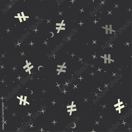 Seamless pattern with stars, not equal symbols on black background. Night sky. Vector illustration on black background