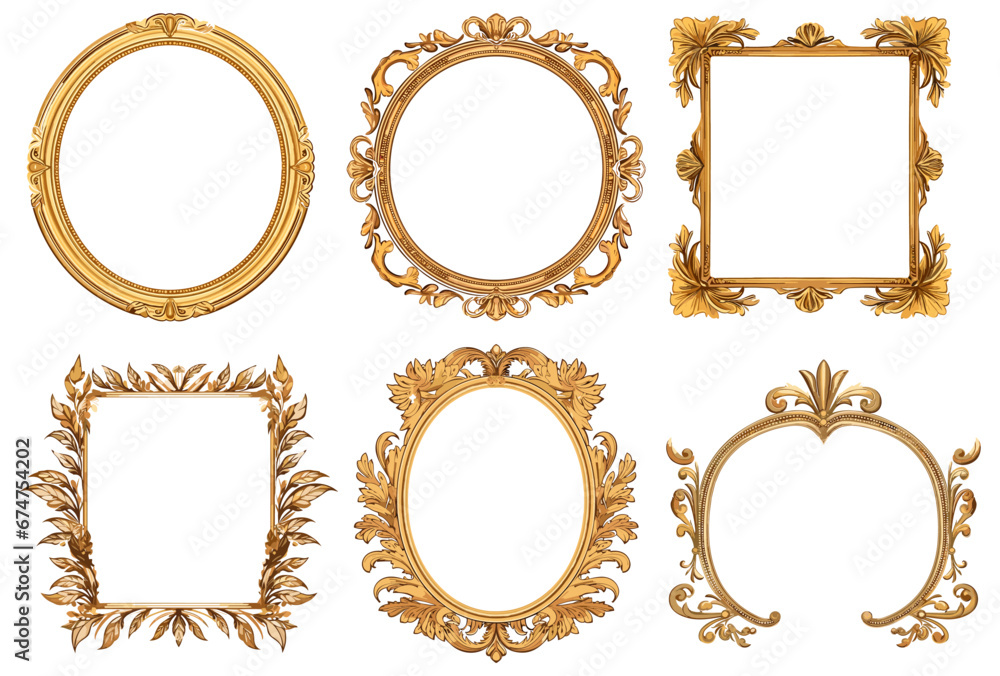 Vintage modern golden frame set. Luxury museum gold frames vector illustration, old wooden ornate decorative borders - obrazy, fototapety, plakaty 